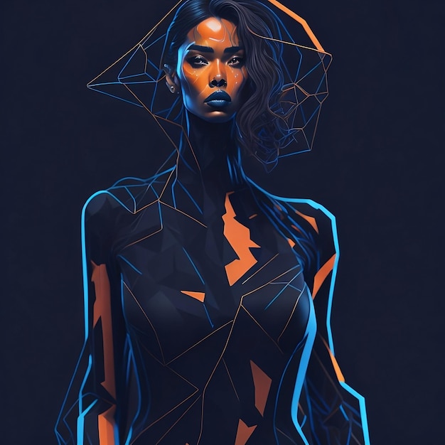 Eine Frau mit schwarzen Haaren und blauen und orangefarbenen Linien auf ihrem Gesicht, 3D-Illustration