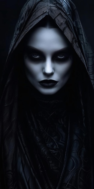 Eine Frau mit schwarzer Kapuze und schwarzer Kapuze steht vor dunklem Hintergrund.