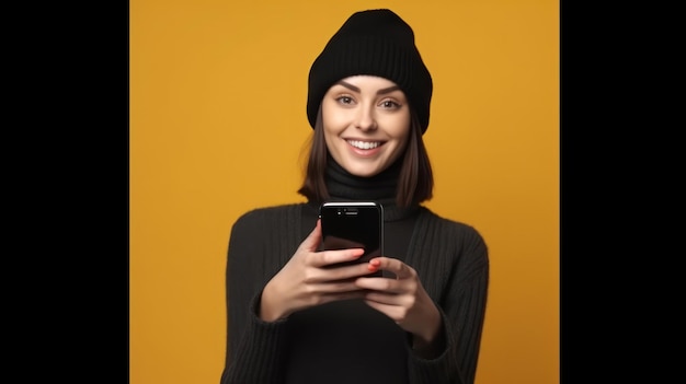 Eine Frau mit schwarzer Mütze hält ein Telefon vor gelbem Hintergrund