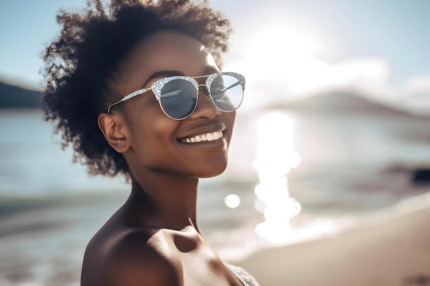 Eine Frau mit Sonnenbrille am Strand