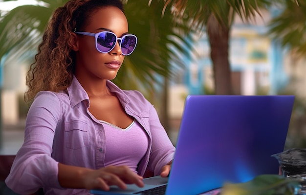 Foto eine frau mit sonnenbrille benutzt einen laptop