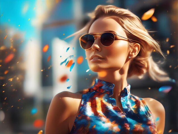 Eine Frau mit Sonnenbrille, eine Geschäftsfrau in einer städtischen Umgebung, eine fantastische Illustration in goldenen Farben