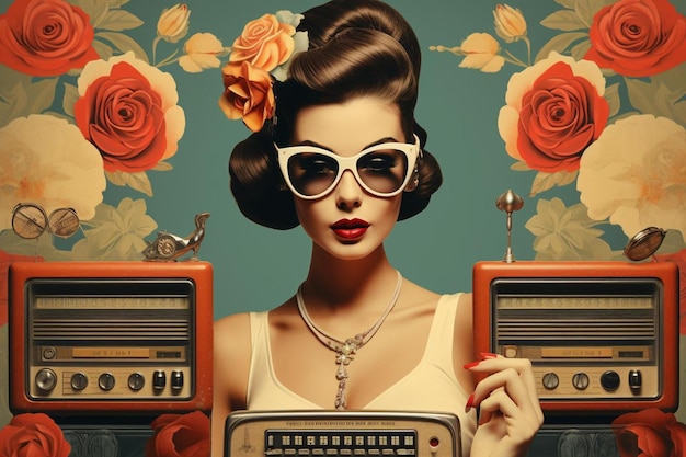 Eine Frau mit Sonnenbrille hält ein Vintage-Radio mit einem Bild einer Frau, die ein Vintage-Radio hält.