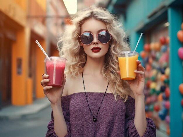 Eine Frau mit Sonnenbrille hält zwei Tassen Smoothies in den Händen