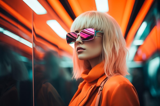 eine Frau mit Sonnenbrille in einem orangefarbenen Outfit