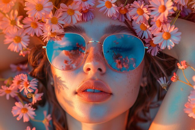 Foto eine frau mit sonnenbrille mit blumen frühlings-sommer-vibrationen ki-generierteine frau mit sonnengläsern mit blumen frühjahr-sommer-vibrations ki-generiert