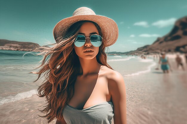 Eine Frau mit Sonnenbrille steht auf einem Strand mit Hut und Sonnenbrile.