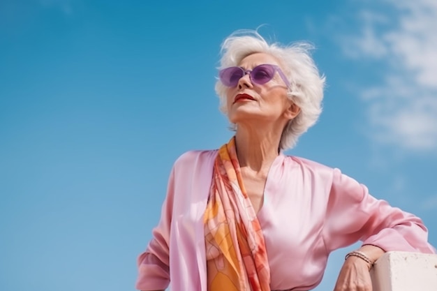 Eine Frau mit Sonnenbrille steht auf einer Brücke und blickt in den Himmel