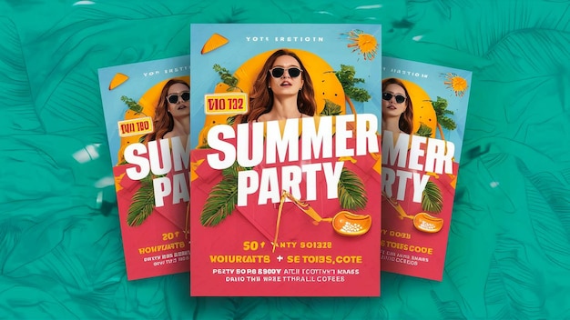 eine Frau mit Sonnenbrille steht neben einem Plakat, auf dem steht: "Sommerparty"