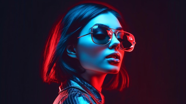 Eine Frau mit Sonnenbrille steht vor einem rot-blauen Neonlicht