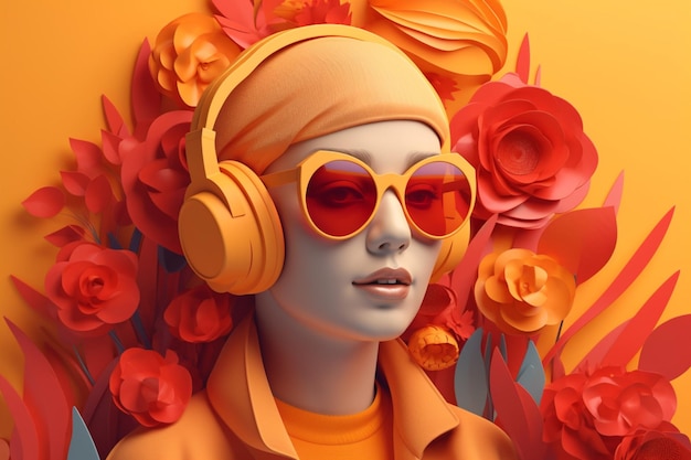 Eine Frau mit Sonnenbrille und einem leuchtend orangefarbenen Outfit mit rotem Hintergrund mit Blumen