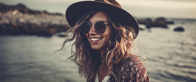 Eine Frau mit Sonnenbrille und Hut lächelt in die Kamera.