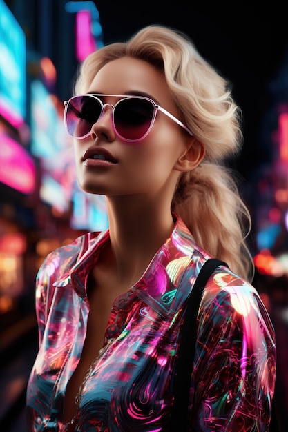 eine Frau mit Sonnenbrille und rosa Hemd