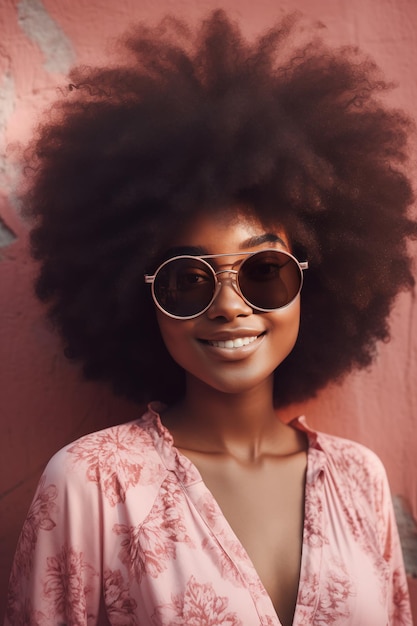 Eine Frau mit Sonnenbrille und rosa Kleid steht vor einer rosa Wand.