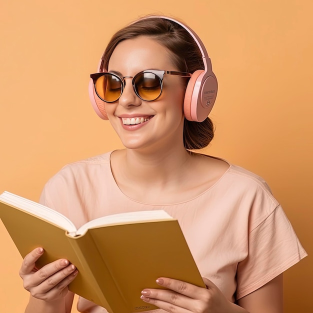 Eine Frau mit Sonnenbrille und rosa Kopfhörern liest ein Buch