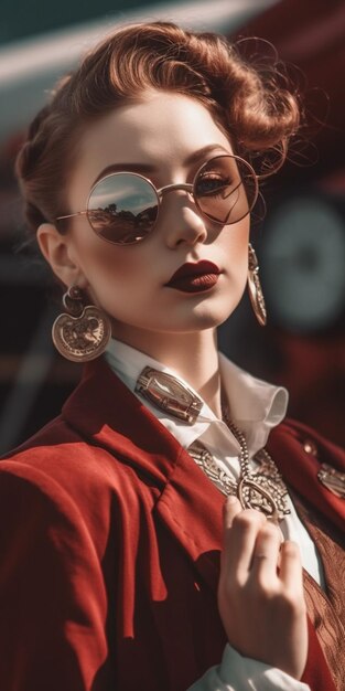 Eine Frau mit Sonnenbrille und roter Jacke