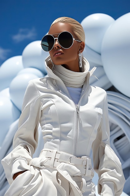 eine Frau mit Sonnenbrille und weißer Jacke
