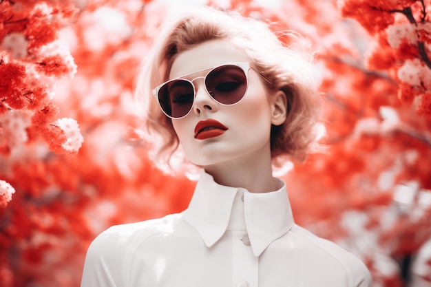 eine Frau mit Sonnenbrille vor roten Blumen