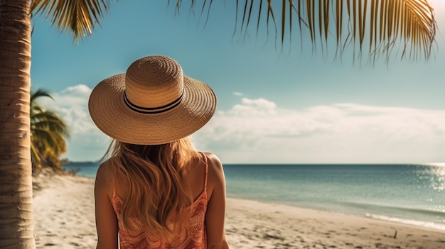 Eine Frau mit Strohhut blickt auf das Meer