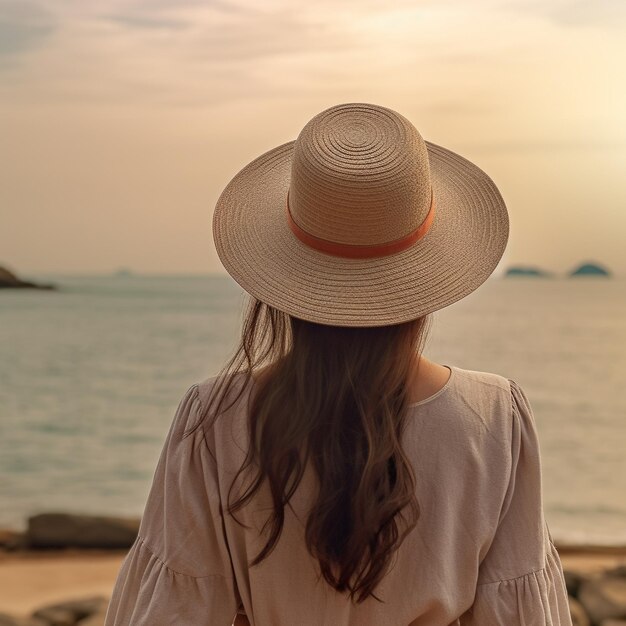 Eine Frau mit Strohhut blickt auf das Meer