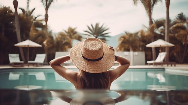 Eine Frau mit Strohhut sitzt in einem Pool mit Palmen im Hintergrund.