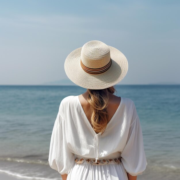 Eine Frau mit Strohhut steht am Strand und blickt auf das Meer.