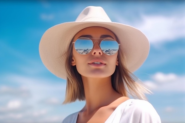 Eine Frau mit Strohhut und Sonnenbrille steht am Strand