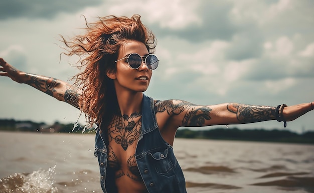 Eine Frau mit Tätowierungen auf den Armen steht in einem See und der Himmel ist bewölkt.