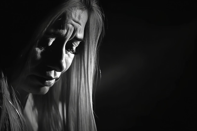 Eine Frau mit Tränen im Gesicht schaut nach unten