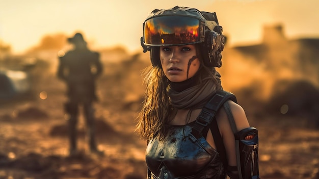 Eine Frau mit VR-Helm steht in einer Wüste mit einem Sonnenuntergang im Hintergrund.