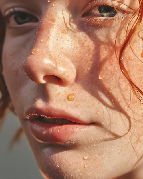 Eine Frau mit Wassertropfen im Gesicht