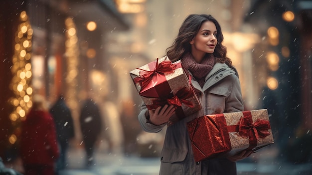 Eine Frau mit Weihnachtsgeschenken geht die Straße entlang, es ist Weihnachten.