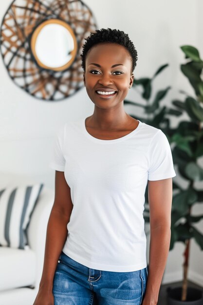 Eine Frau mit weißem Hemd und blauen Jeans lächelt