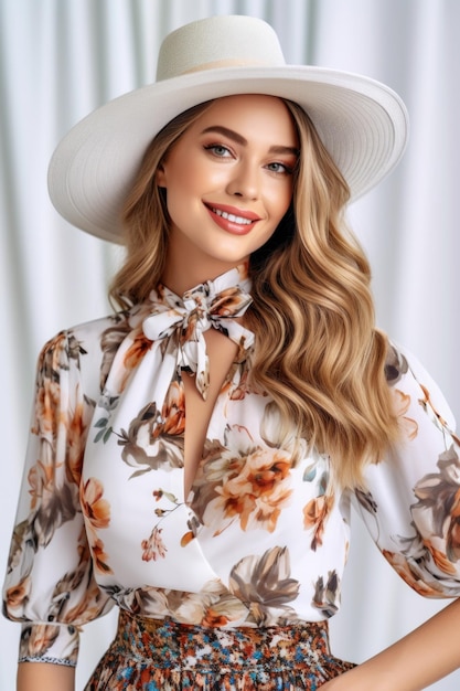 Eine Frau mit weißem Hut steht vor einem weißen Vorhang und lächelt.