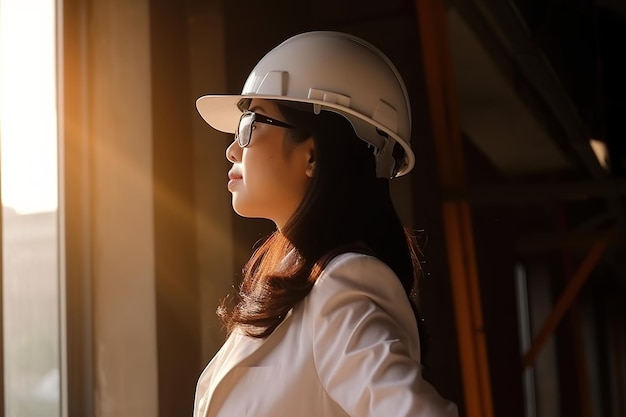 Eine Frau mit weißem Schutzhelm steht vor einem Fenster, die Sonne scheint ihr ins Gesicht