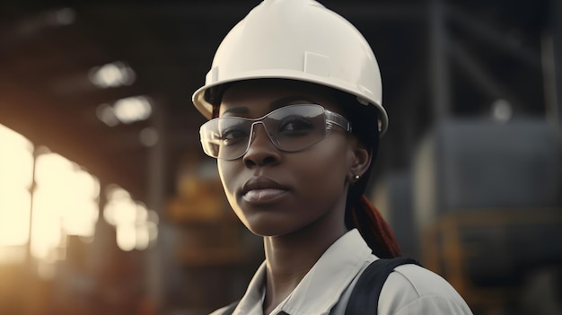 Eine Frau mit weißem Schutzhelm und Brille steht vor einer Baustelle.