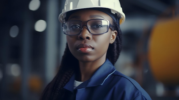 Eine Frau mit weißem Schutzhelm und weißem Schutzhelm steht in einer Fabrik.