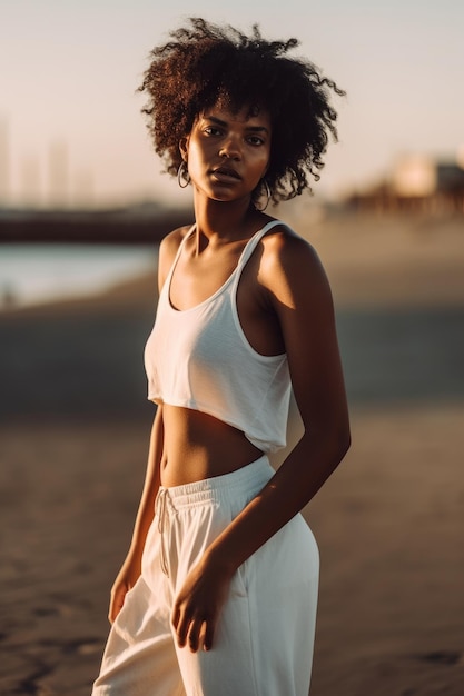 Eine Frau mit weißem Tanktop und weißen Shorts steht am Strand.