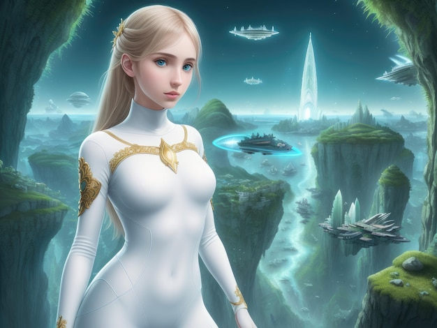 Eine Frau mit weißen Haaren steht vor einem Ufo und einem Ufo