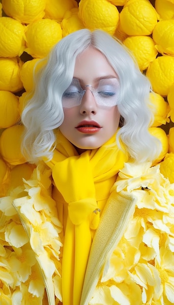 Eine Frau mit weißen Haaren und Brille liegt in einem Haufen Zitronen.