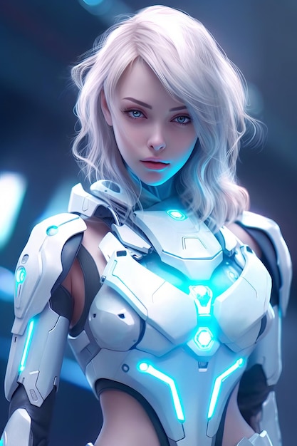 Eine Frau mit weißen Haaren und einem blauen Licht auf der Brust