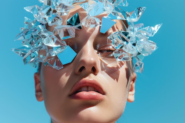 Eine Frau mit zerbrochenem Glas auf dem Kopf posiert vor blauem Himmel, eine auffallende visuelle Metapher