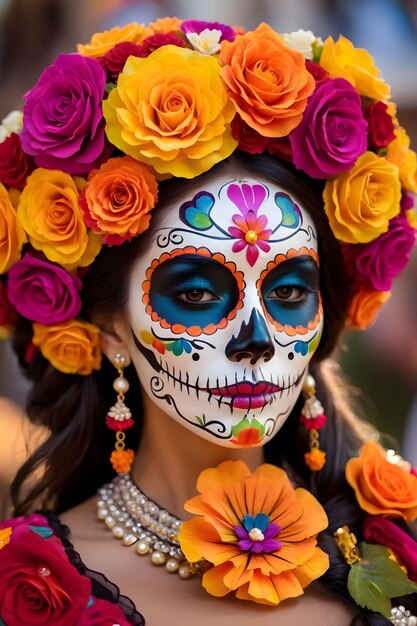 Foto eine frau mit zuckerkopfschmink bei der dia de los muertos-parade