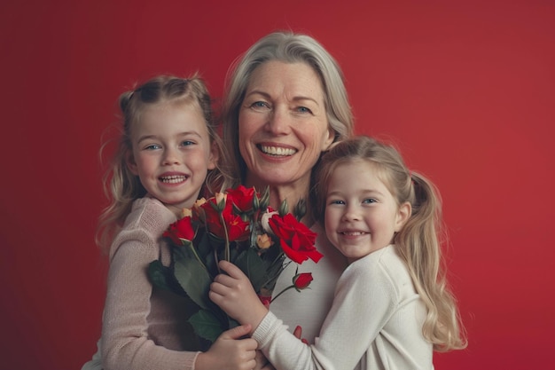 eine Frau mit zwei Mädchen, die sich umarmen, und ein roter Hintergrund mit einem roten Hintergrund