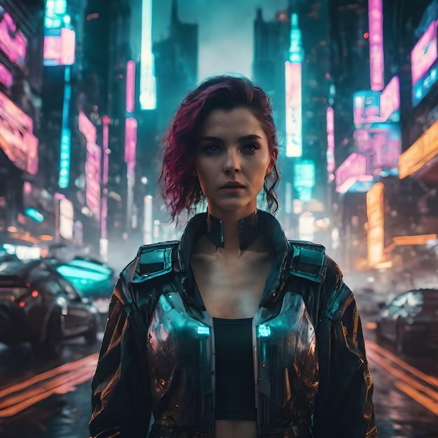 Eine Frau mitten in einer futuristischen Stadt mit einem Cyberpunk-Image-Stil aus den 80ern