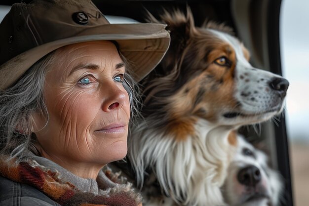 Eine Frau mittleren Alters mit ihrem Hund, die sich draußen amüsiert Generative KI