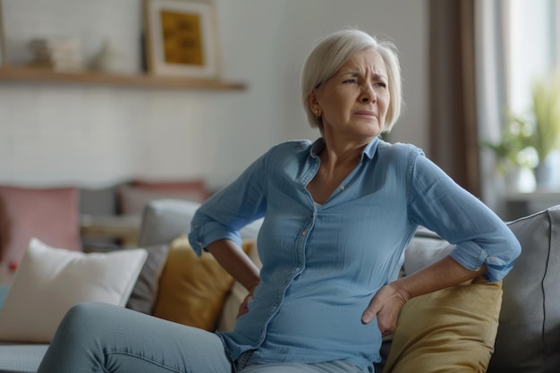 Foto eine frau mittleren alters mit rückenschmerzen liegt auf der couch und fühlt sich unwohl