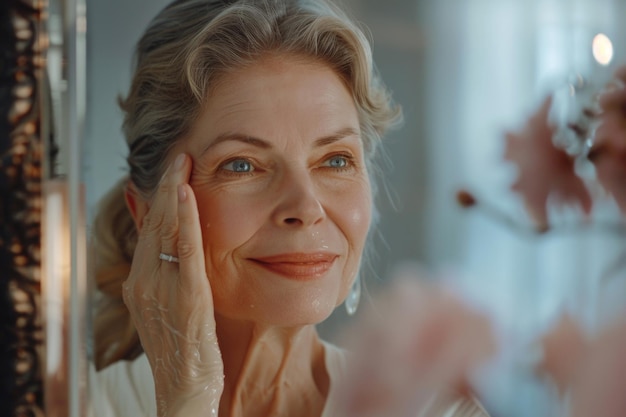 Eine Frau mittleren Alters modelliert eine Hautpflege-Routine für alternde Schönheit