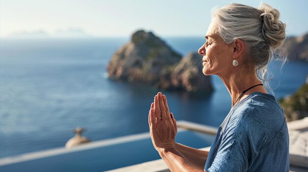 Eine Frau mittleren Alters übt Yoga mit ruhigem Meerblick