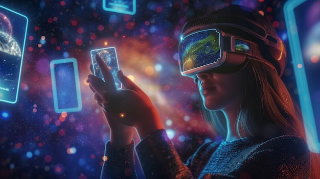 eine Frau nimmt ein Bild von einer Virtual-Reality-Brille